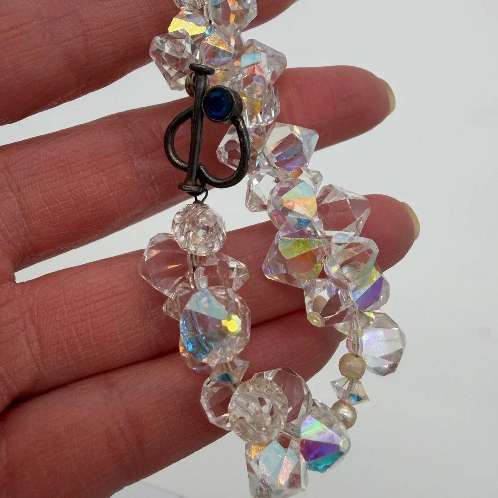 Vtg AB Crystal Bracelet Sterling 925 Chunky Faceted Glass Stones Iridescent 6.5